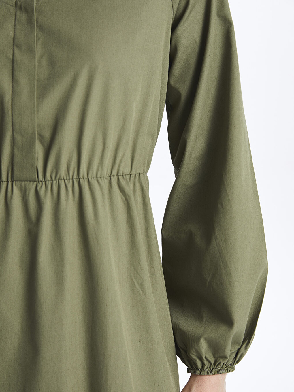 Haki Gömlek Yaka Düz Uzun Kollu Elbise-2