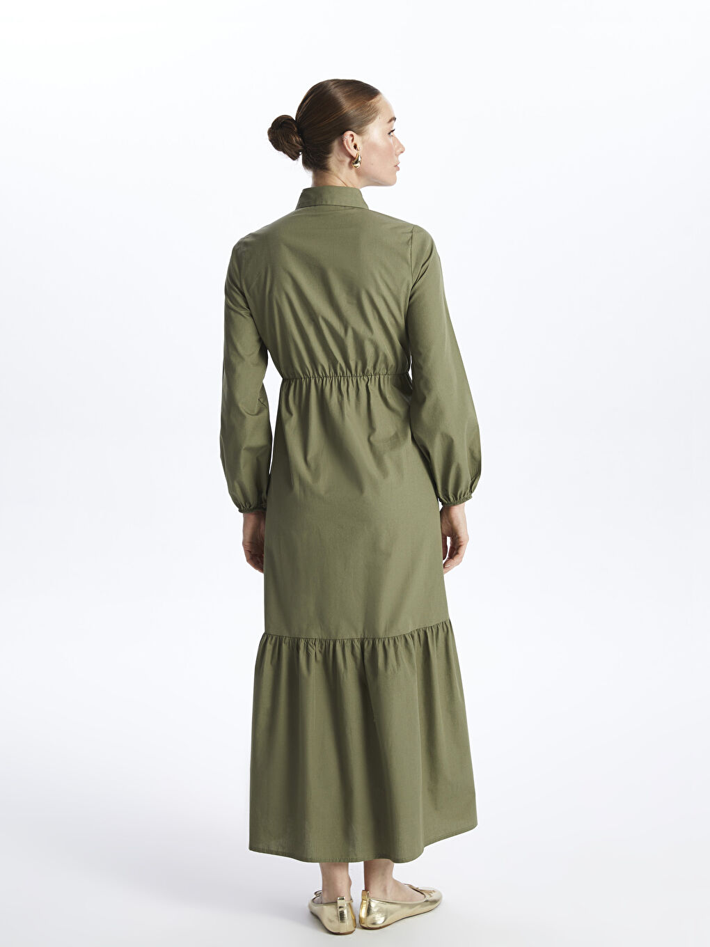 Haki Gömlek Yaka Düz Uzun Kollu Elbise-3