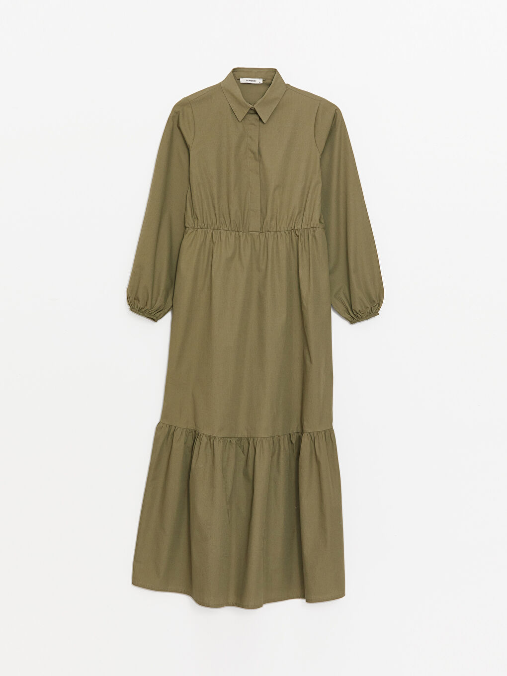 Haki Gömlek Yaka Düz Uzun Kollu Elbise-4