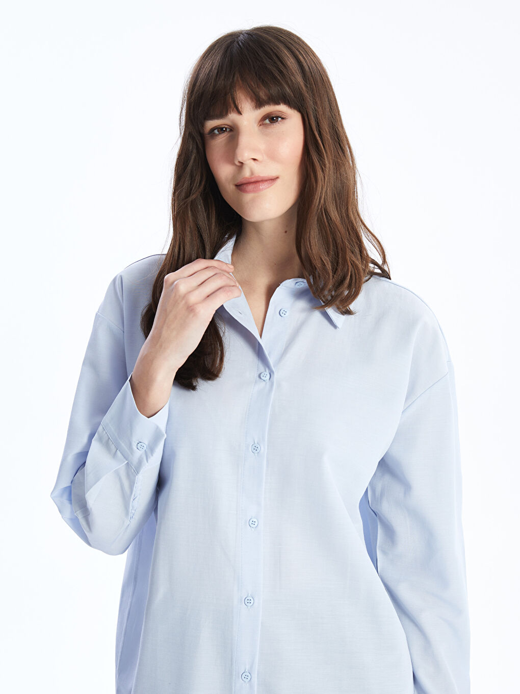 Mavi Düz Uzun Kollu Oversize Kadın Gömlek Tunik-1