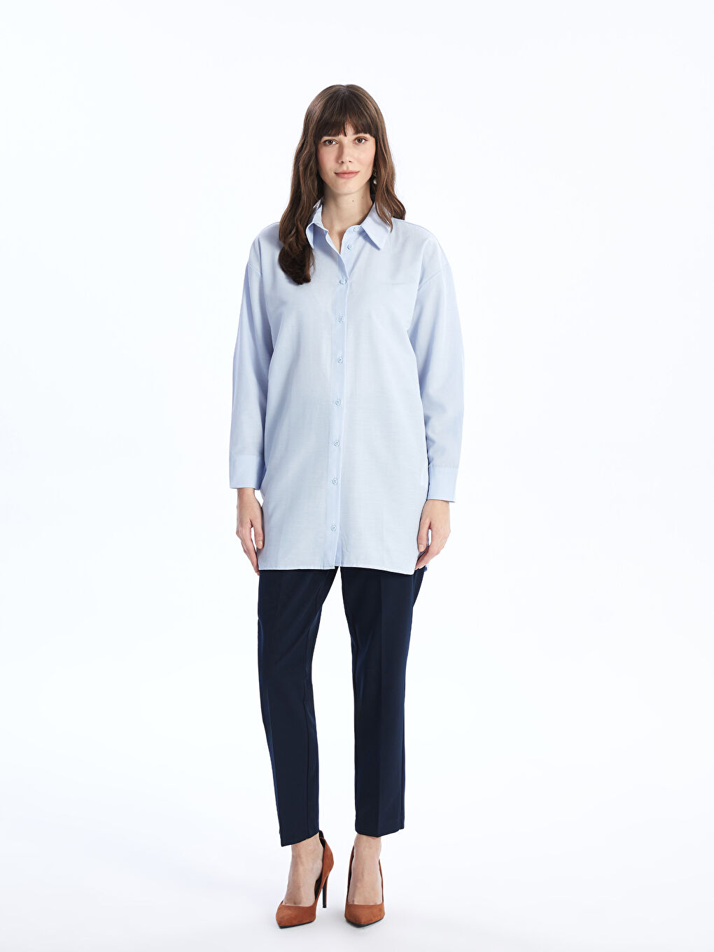 Mavi Düz Uzun Kollu Oversize Kadın Gömlek Tunik-2