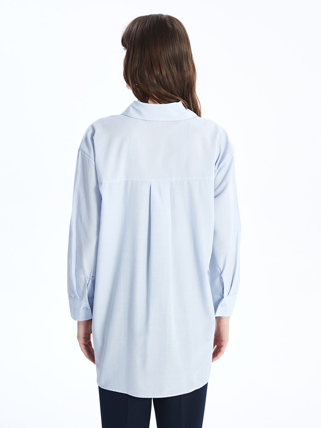 Mavi Düz Uzun Kollu Oversize Kadın Gömlek Tunik-4