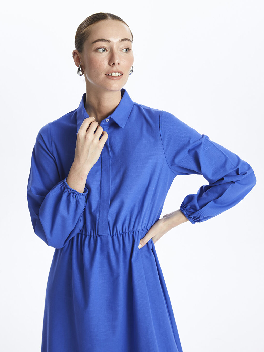 LC WAIKIKI Collared Neck Plain Long Sleeve Women's Dress -S4IC65Z8-VEE