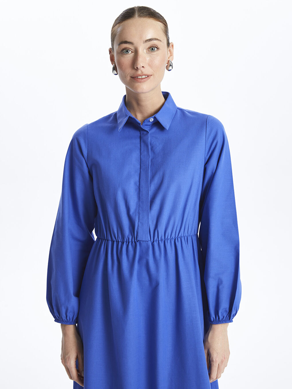 LC WAIKIKI Collared Neck Plain Long Sleeve Women's Dress -S4IC65Z8-VEE