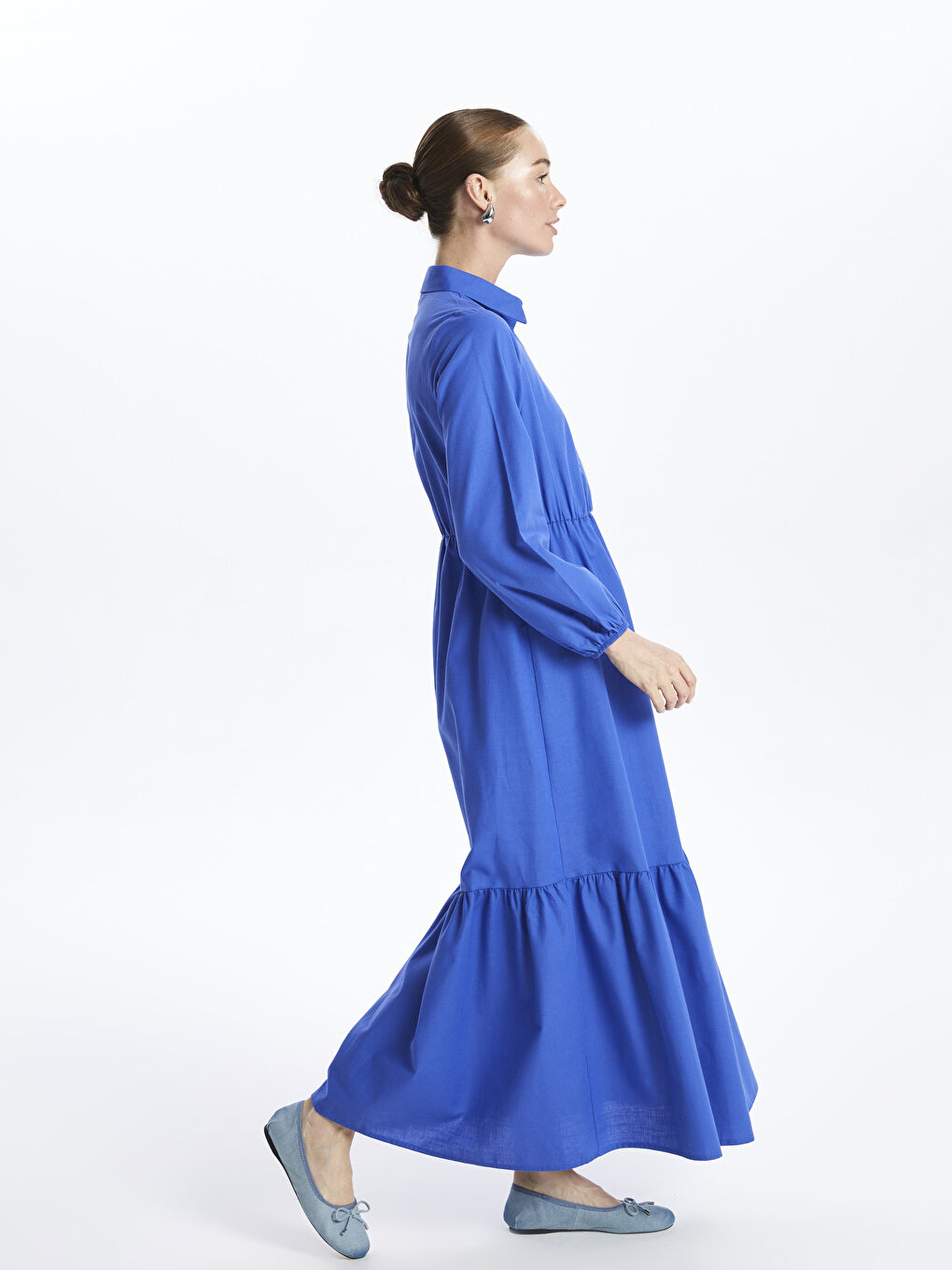 LC WAIKIKI Collared Neck Plain Long Sleeve Women's Dress -S4IC65Z8-VEE