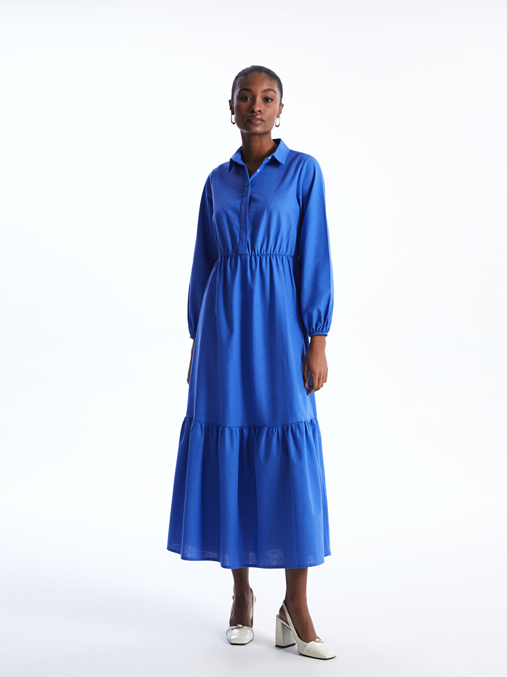 LC WAIKIKI Collared Neck Plain Long Sleeve Women's Dress -S4IC65Z8-VEE