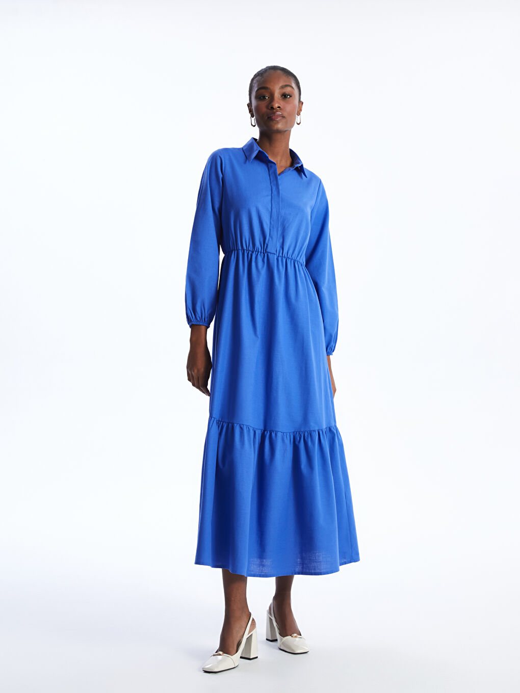 LC WAIKIKI Collared Neck Plain Long Sleeve Women's Dress -S4IC65Z8-VEE