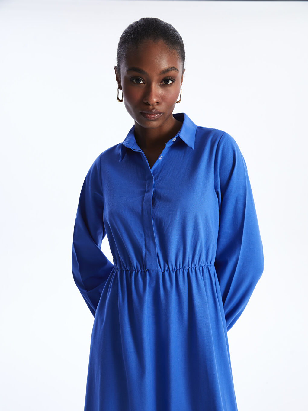 LC WAIKIKI Collared Neck Plain Long Sleeve Women's Dress -S4IC65Z8-VEE