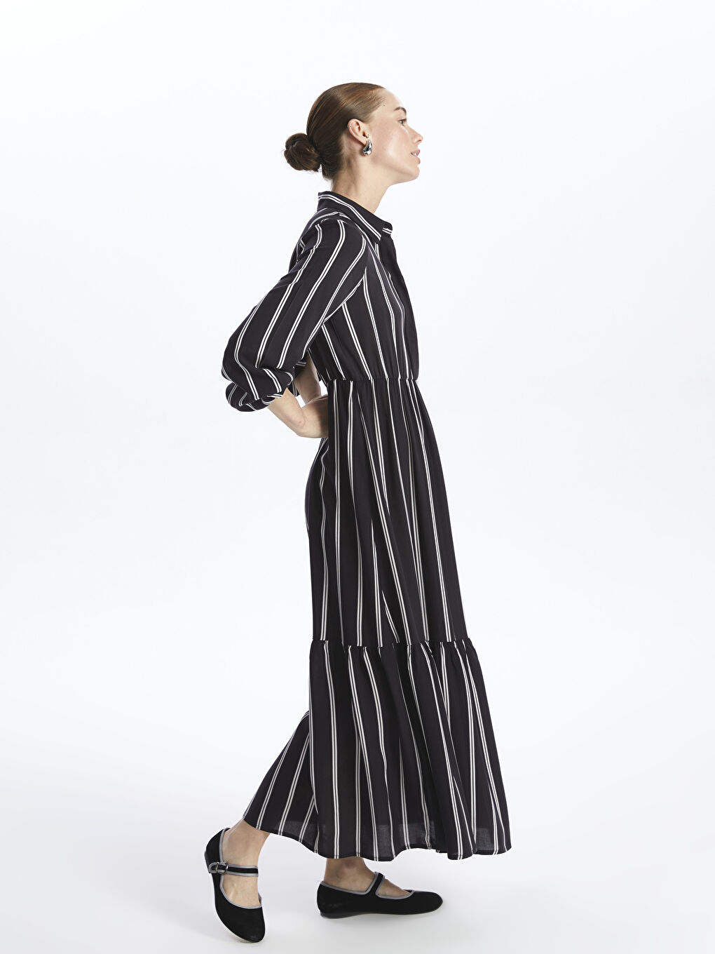 Siyah Gömlek Yaka Çizgili Uzun Kollu Elbise-1