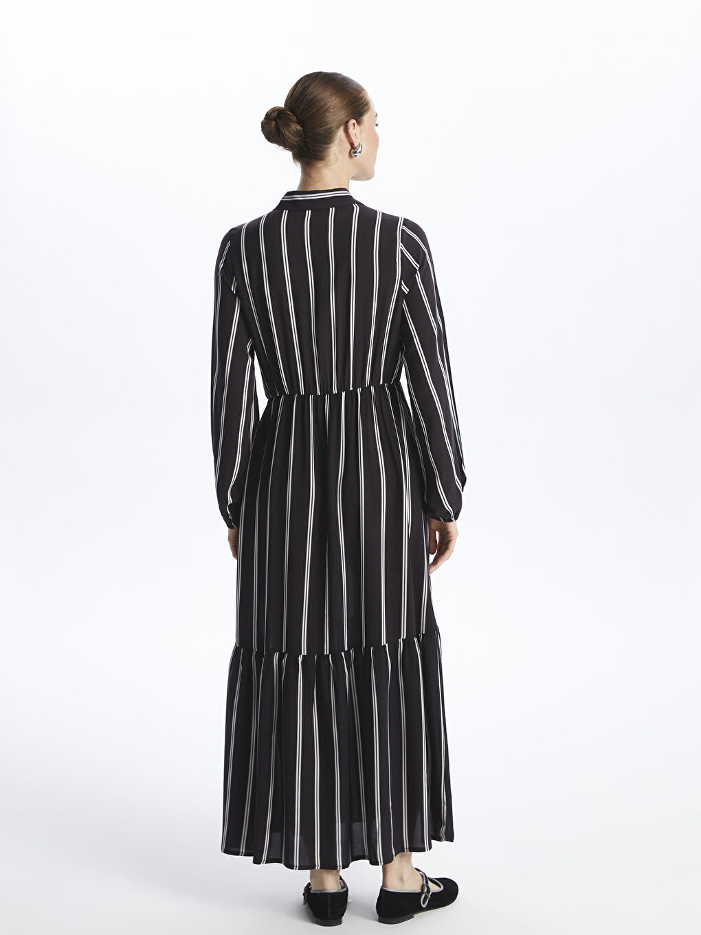 Siyah Gömlek Yaka Çizgili Uzun Kollu Elbise-4