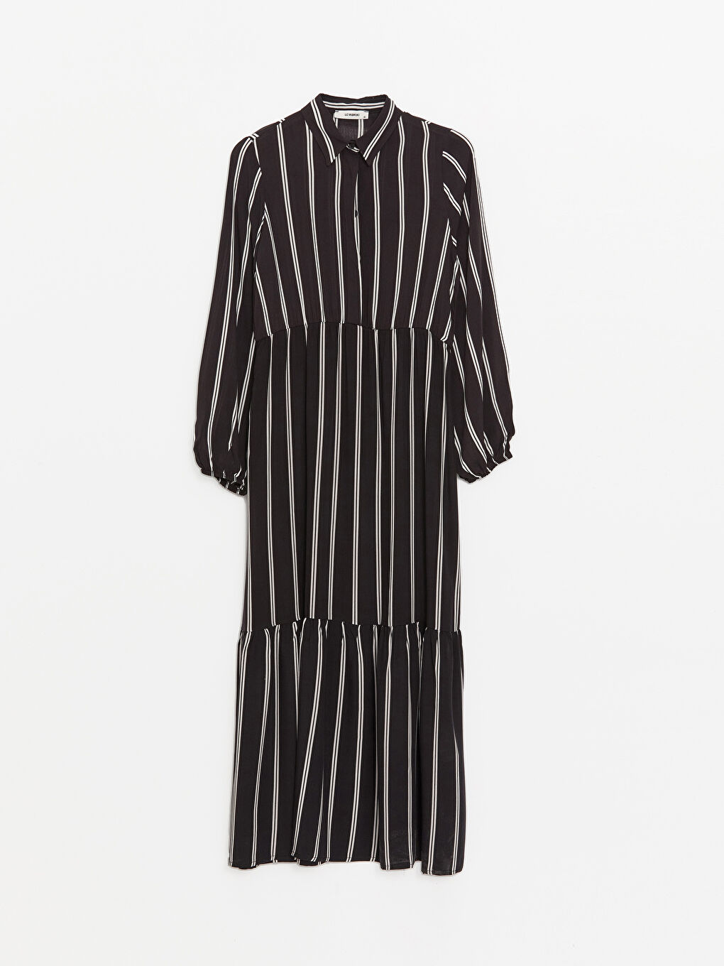 Siyah Gömlek Yaka Çizgili Uzun Kollu Elbise-5