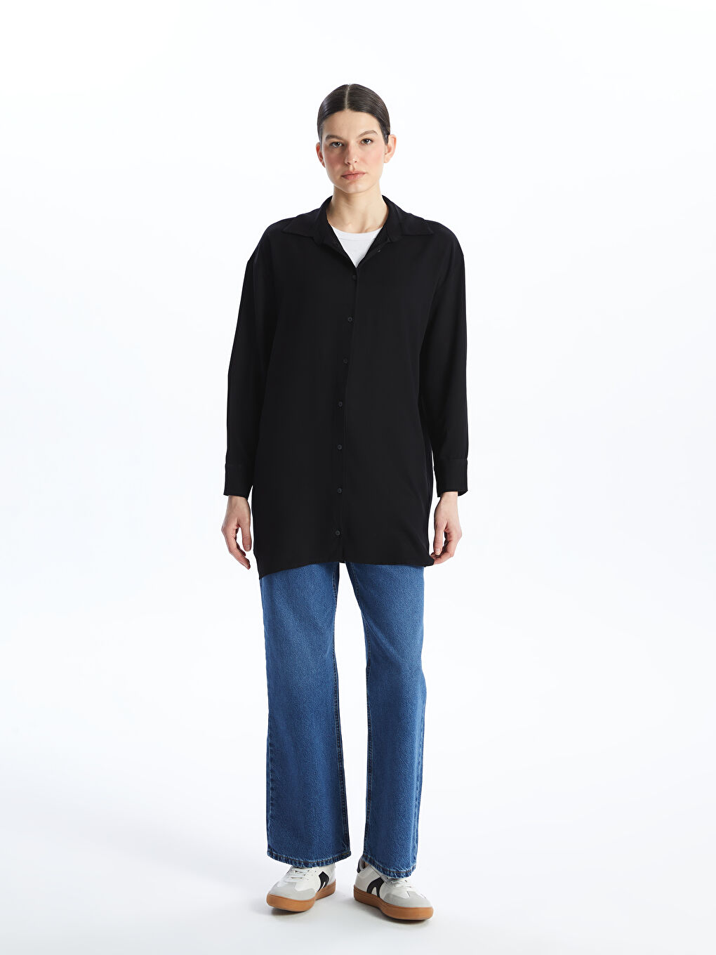 Siyah Düz Uzun Kollu Oversize Kadın Gömlek Tunik-4