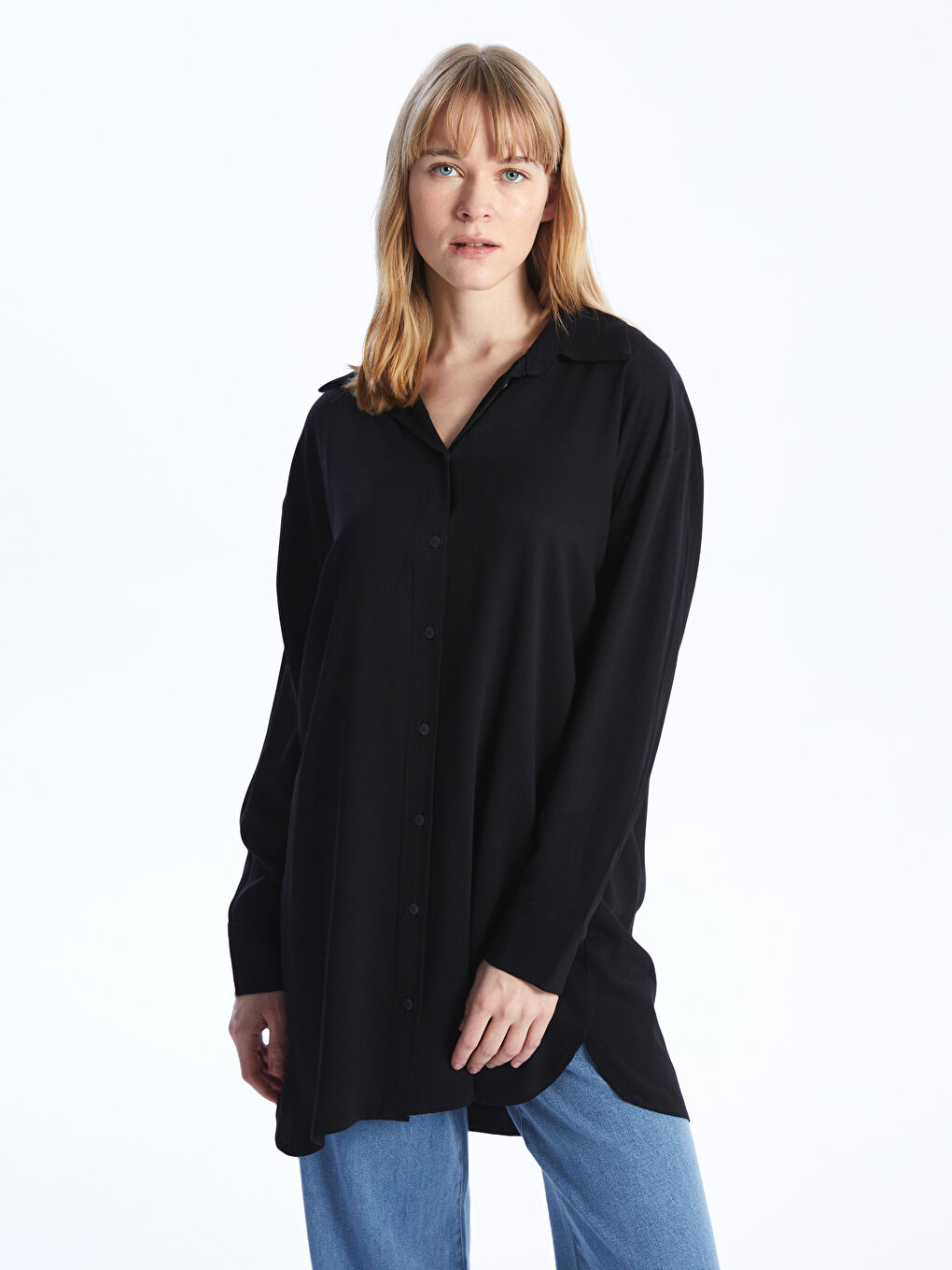 Siyah Düz Uzun Kollu Oversize Kadın Gömlek Tunik-1