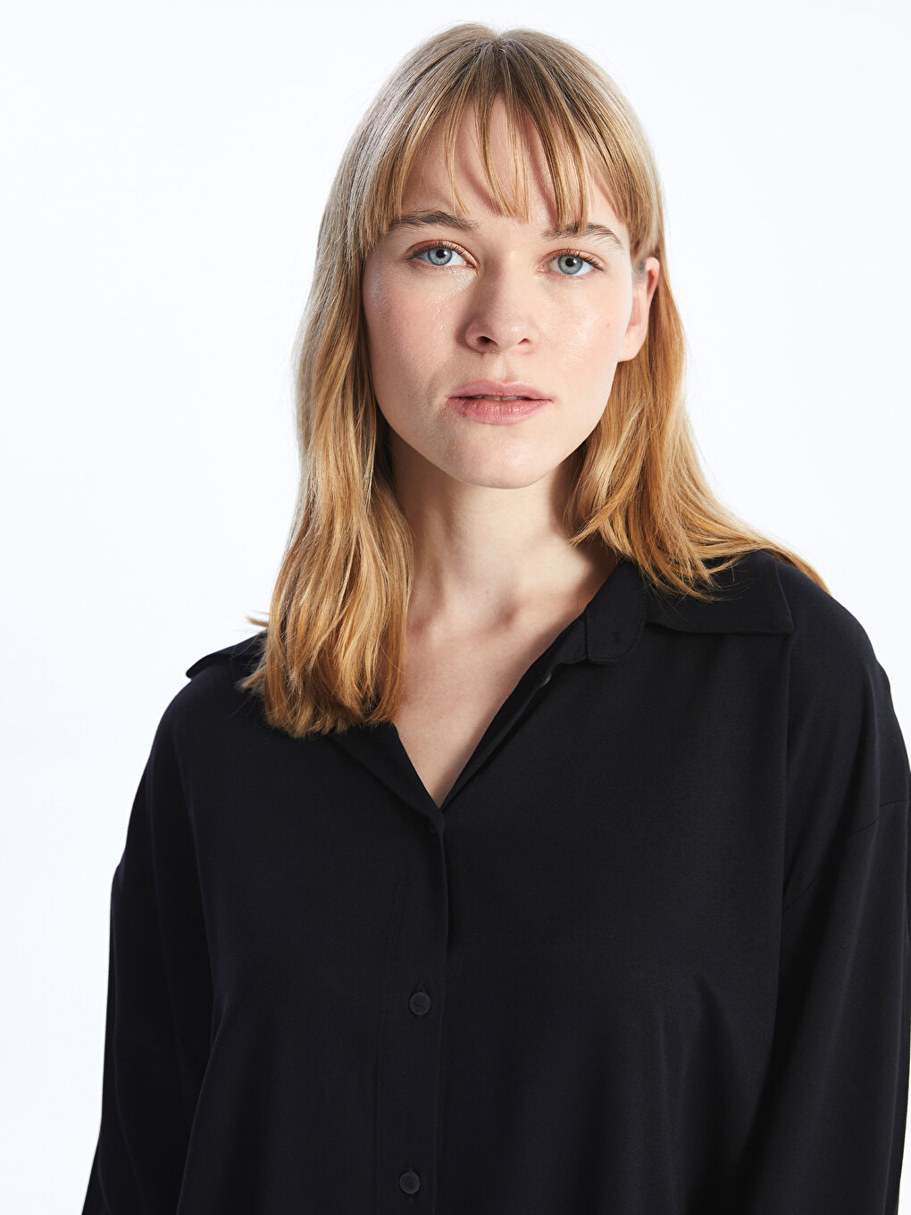 Siyah Düz Uzun Kollu Oversize Kadın Gömlek Tunik-3