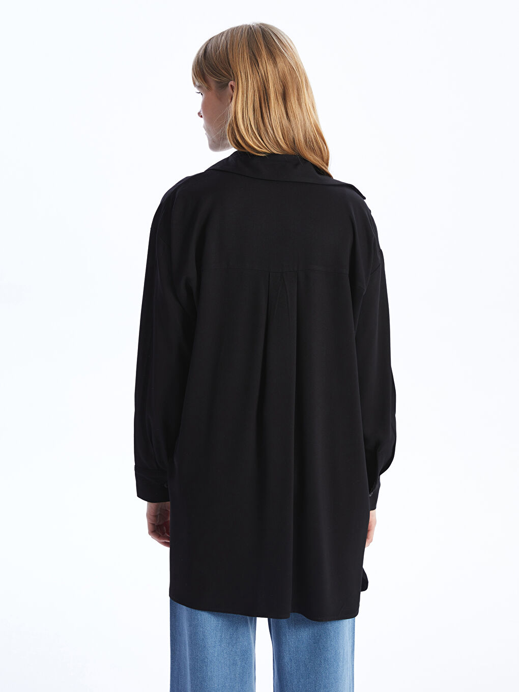 Siyah Düz Uzun Kollu Oversize Kadın Gömlek Tunik-9