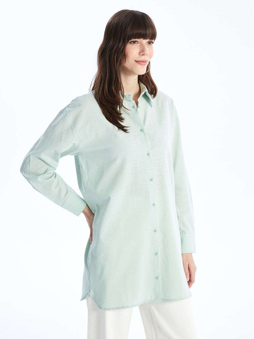 Yeşil Düz Uzun Kollu Oversize Kadın Gömlek Tunik-1