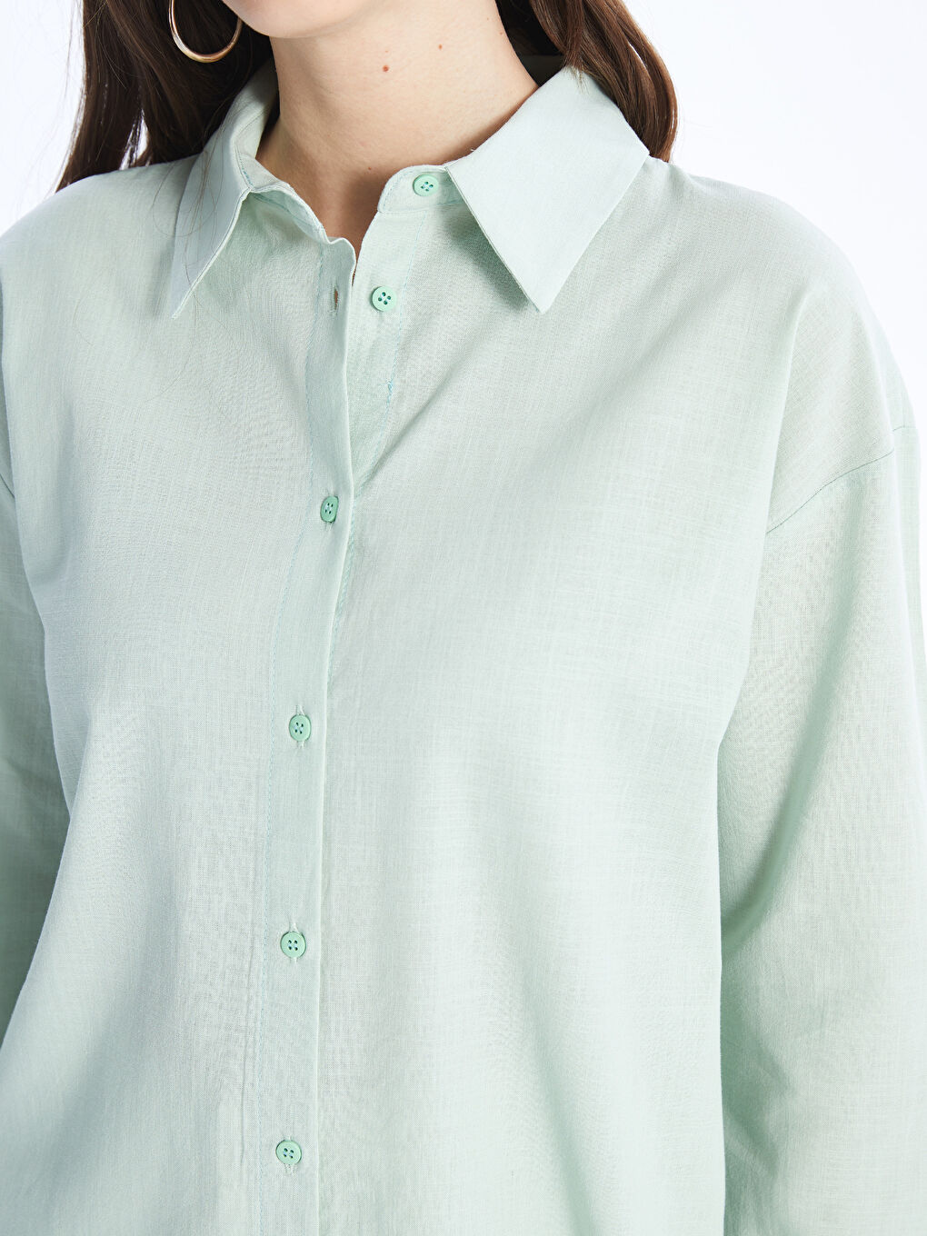 Yeşil Düz Uzun Kollu Oversize Kadın Gömlek Tunik-3