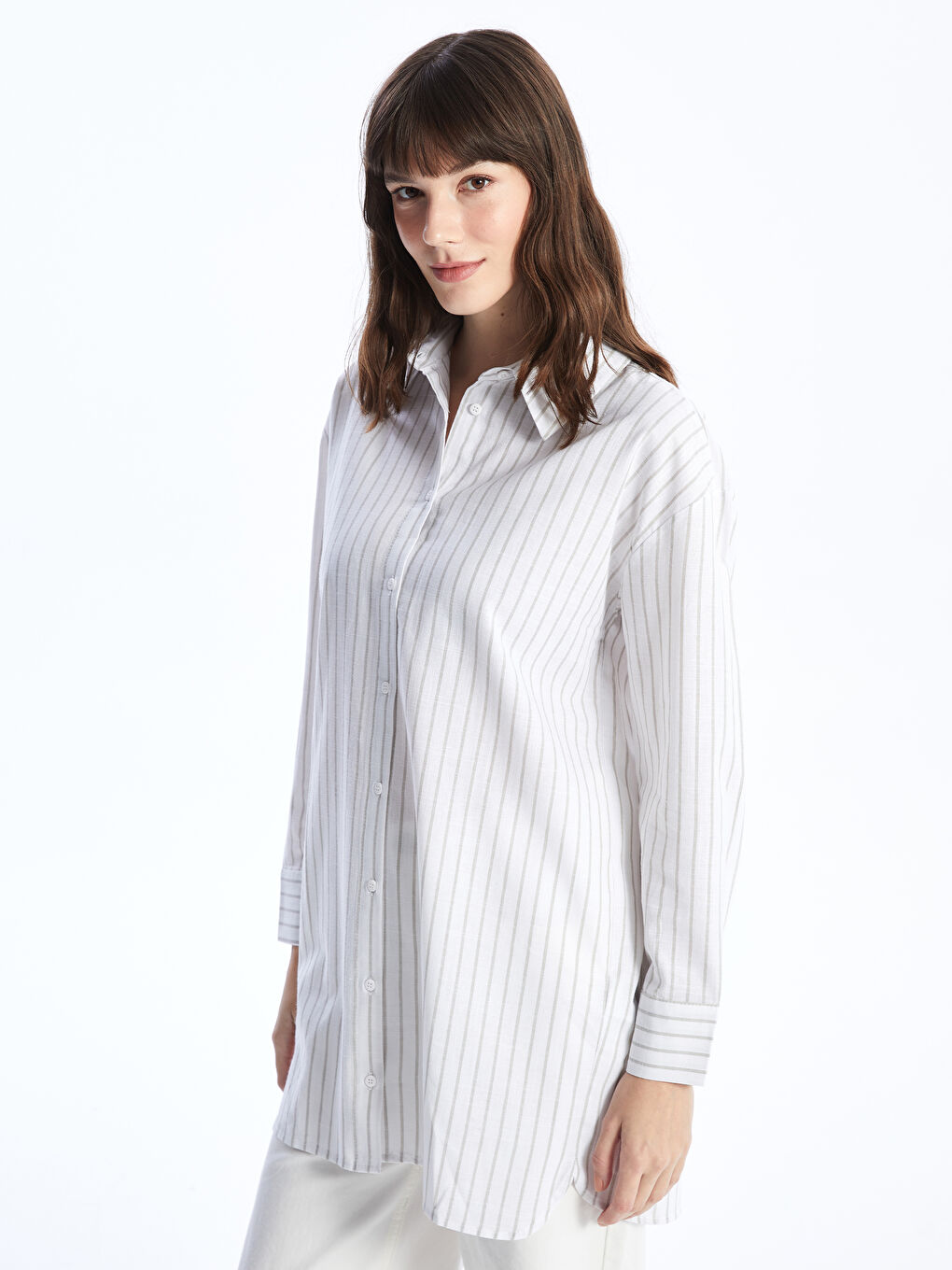 Haki Çizgili Oversize Kadın Gömlek Tunik-1