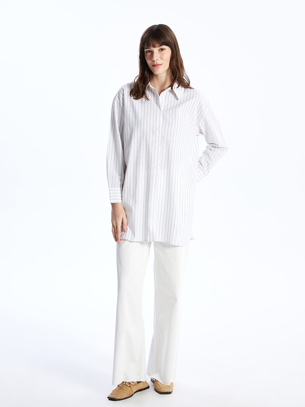 Haki Çizgili Oversize Kadın Gömlek Tunik-2