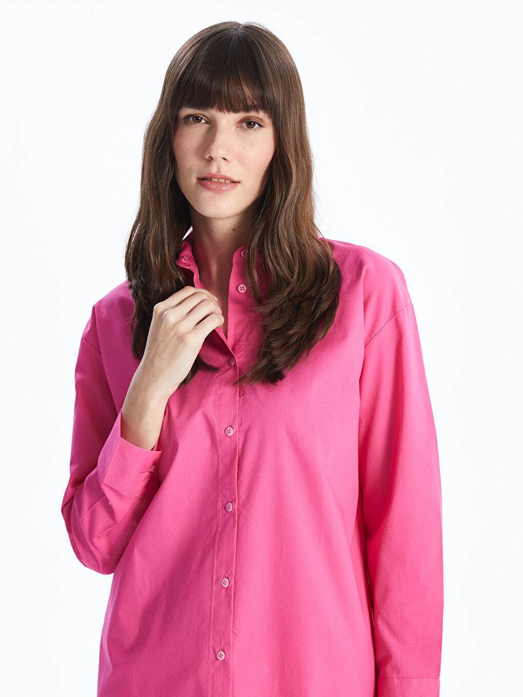 Fuşya Düz Uzun Kollu Oversize Kadın Gömlek Tunik-1