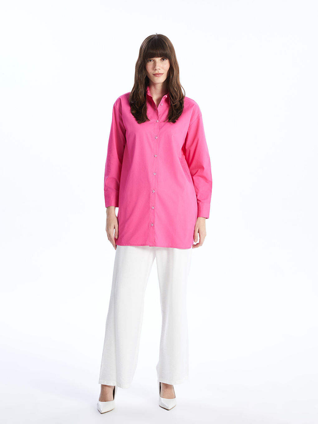 Fuşya Düz Uzun Kollu Oversize Kadın Gömlek Tunik-2