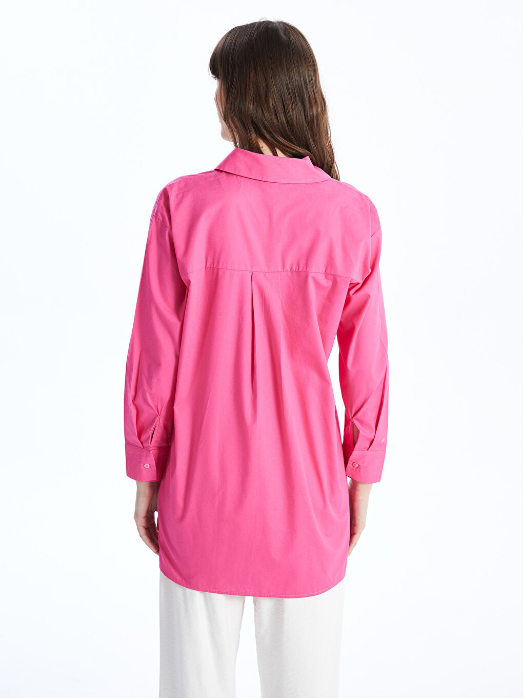 Fuşya Düz Uzun Kollu Oversize Kadın Gömlek Tunik-4