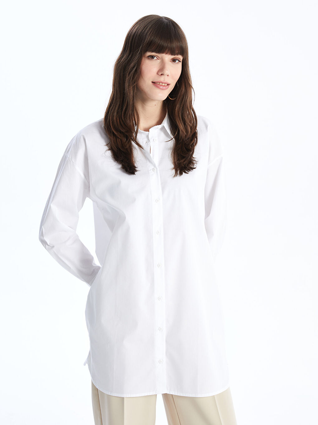 Beyaz Düz Uzun Kollu Oversize Kadın Gömlek Tunik