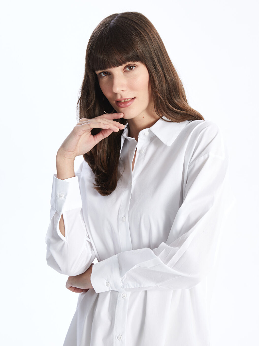 Beyaz Düz Uzun Kollu Oversize Kadın Gömlek Tunik-1