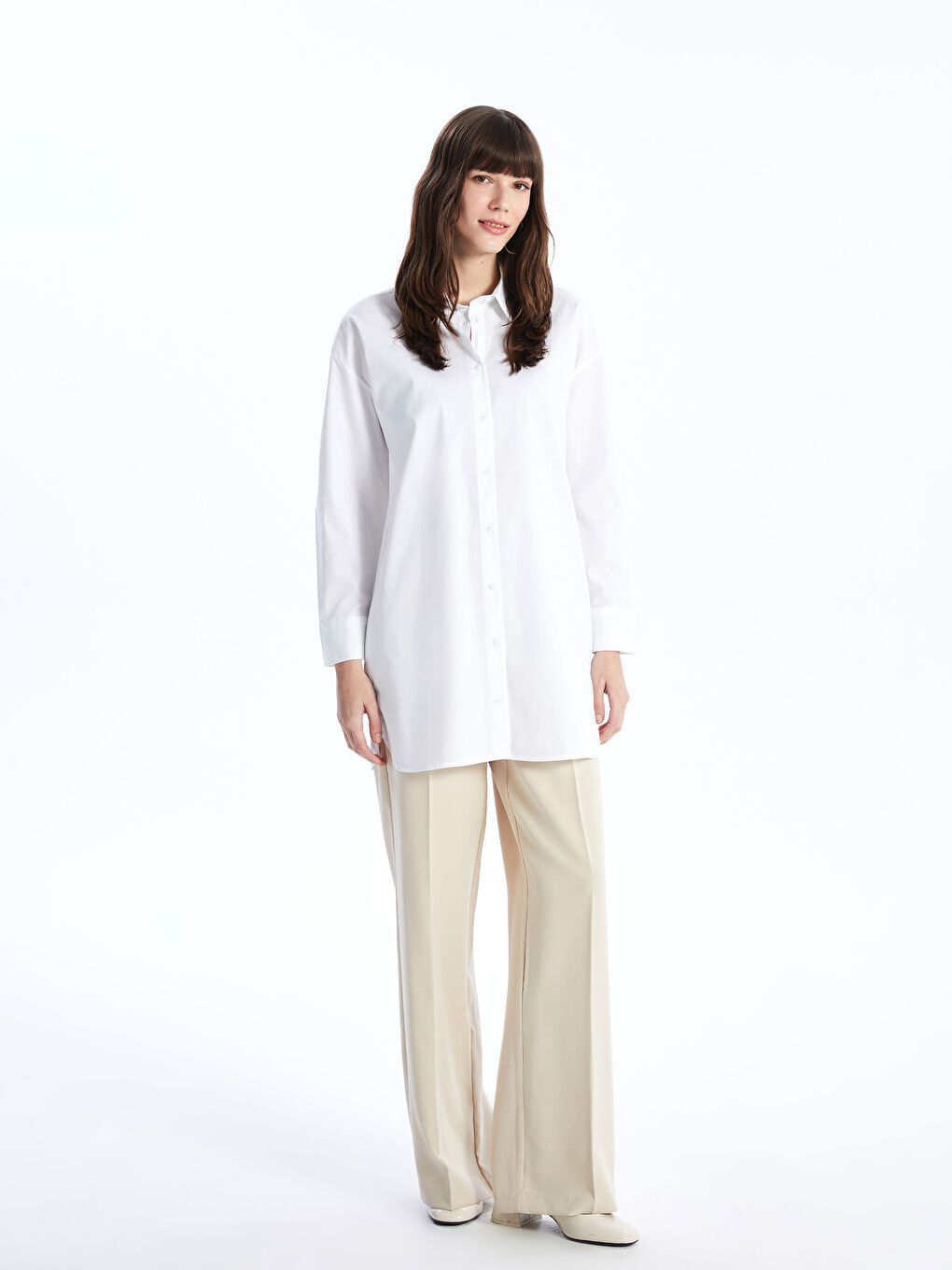 Beyaz Düz Uzun Kollu Oversize Kadın Gömlek Tunik-2