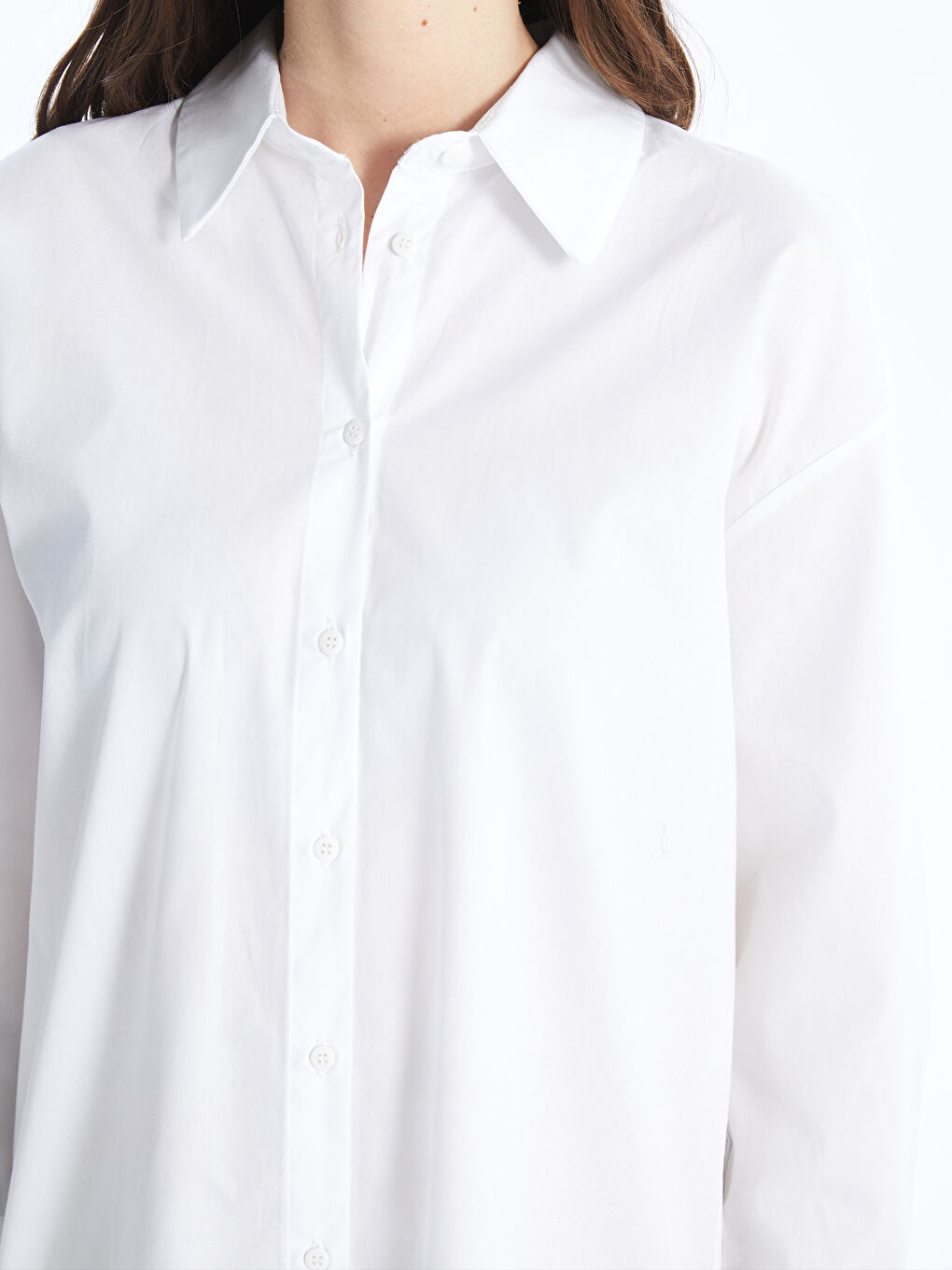 Beyaz Düz Uzun Kollu Oversize Kadın Gömlek Tunik-3