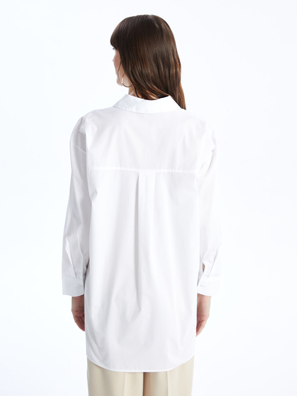 Beyaz Düz Uzun Kollu Oversize Kadın Gömlek Tunik-4