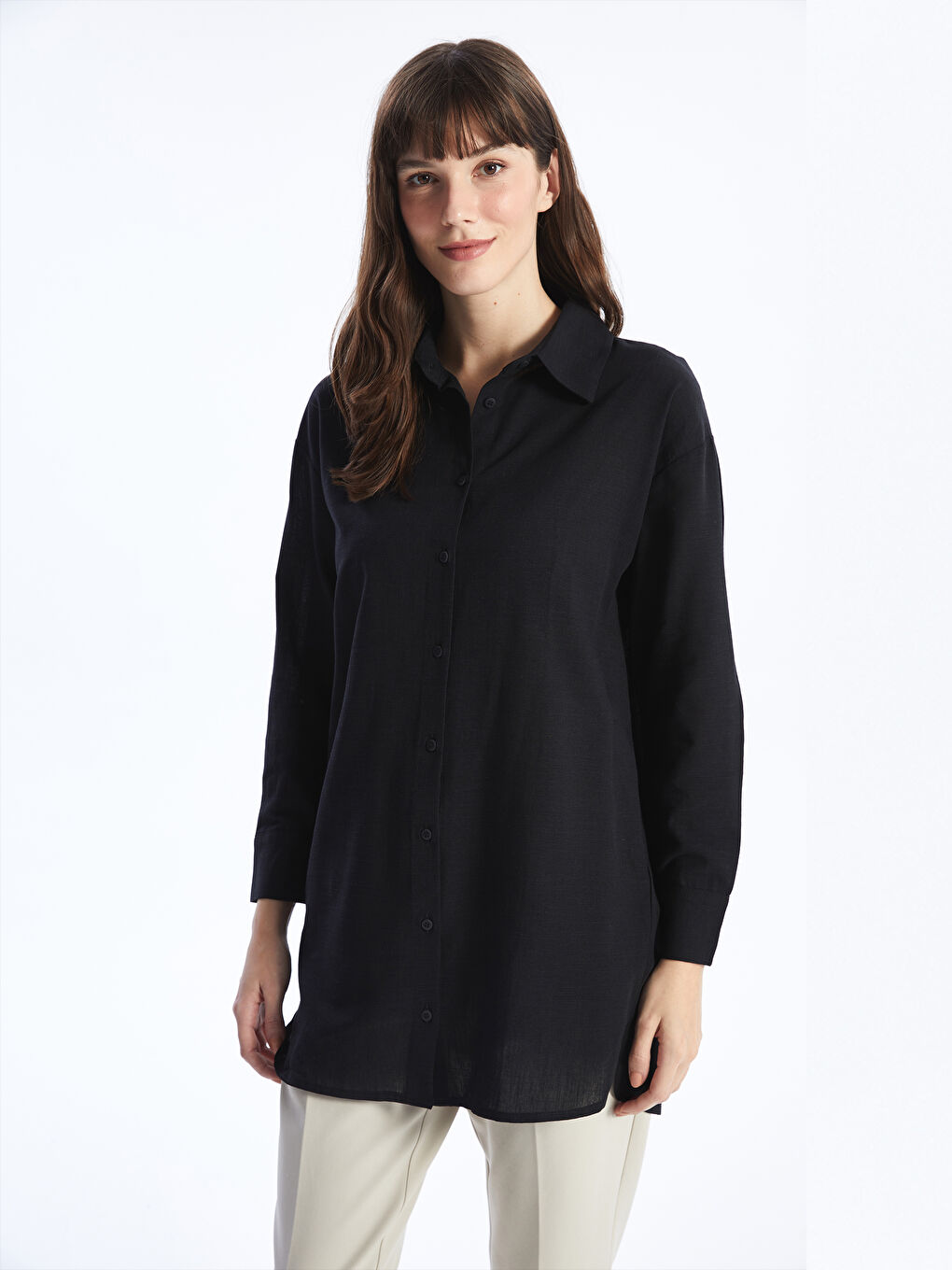Siyah Düz Uzun Kollu Oversize Kadın Gömlek Tunik