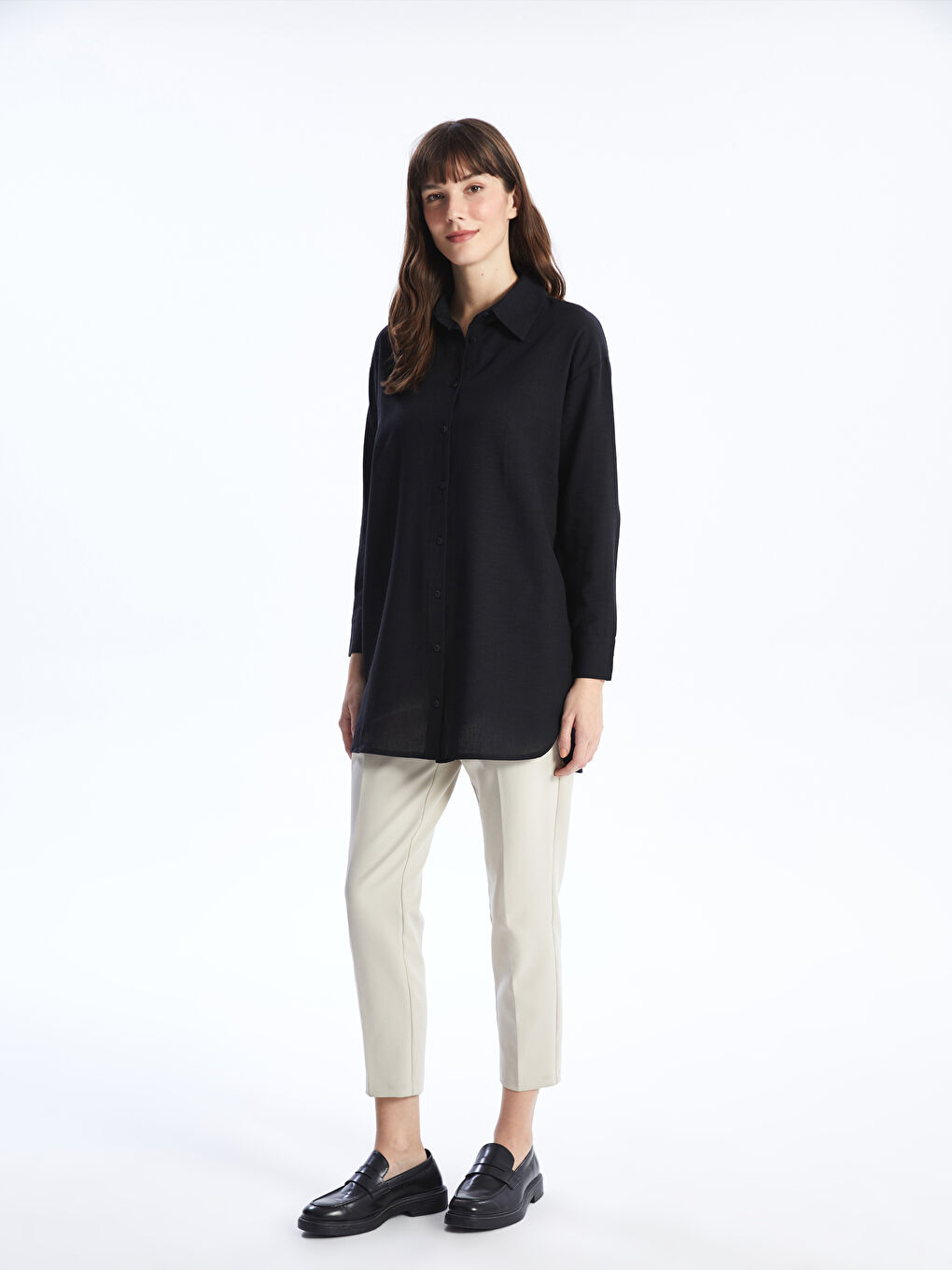 Siyah Düz Uzun Kollu Oversize Kadın Gömlek Tunik-3