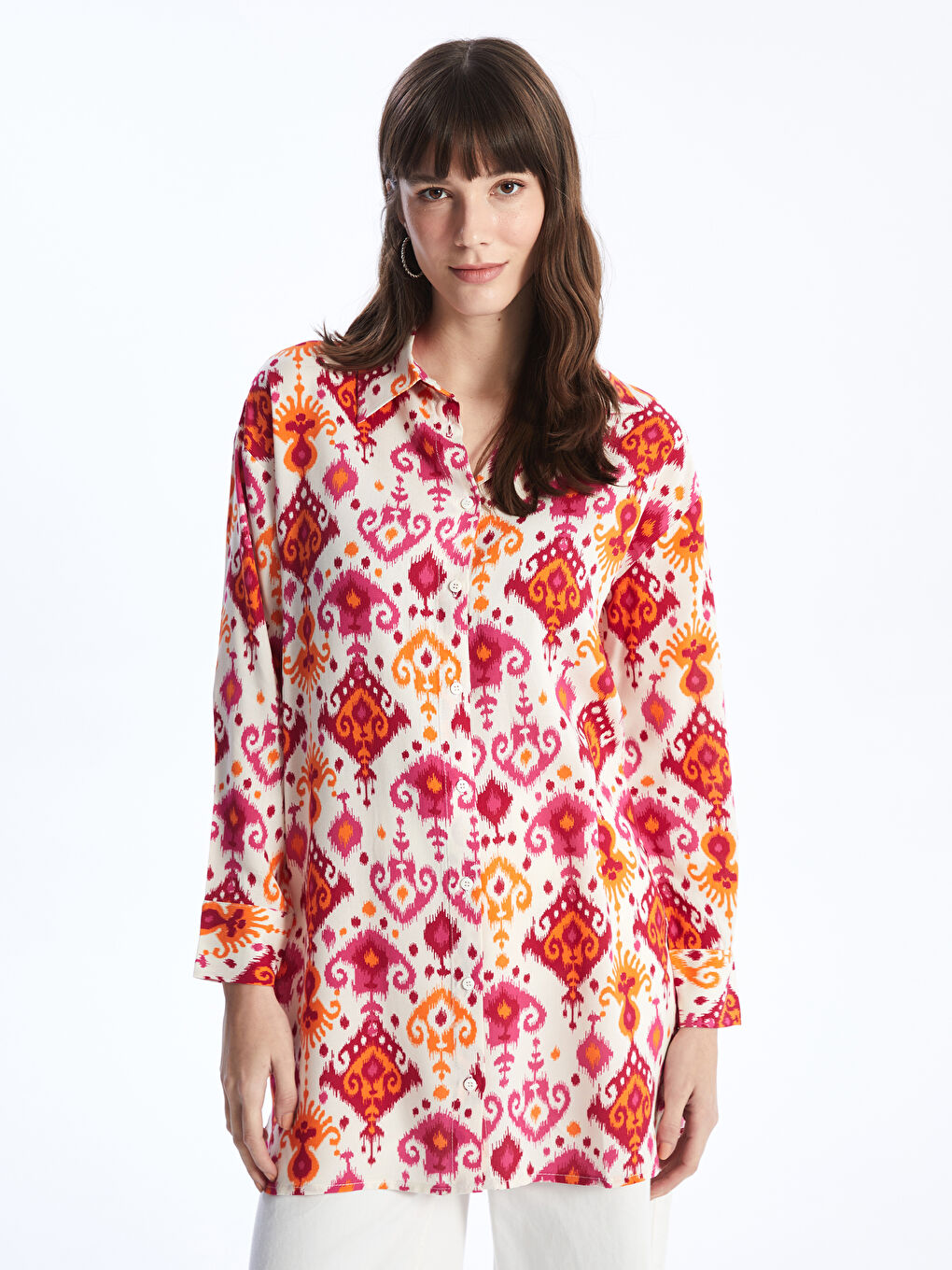 Karışık Desenli Uzun Kollu Oversize Kadın Gömlek Tunik-1