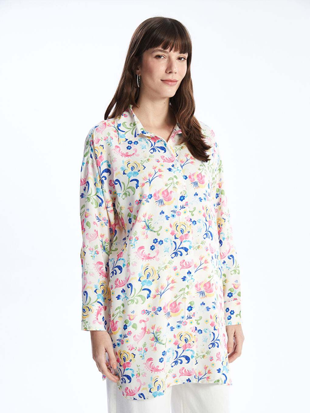 Karışık Desenli Uzun Kollu Oversize Kadın Gömlek Tunik