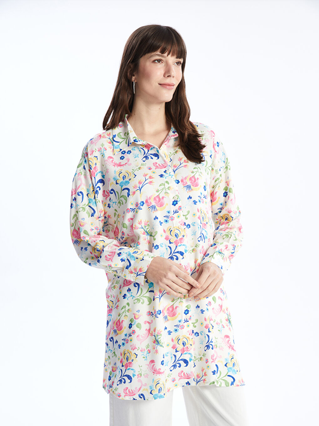 Karışık Desenli Uzun Kollu Oversize Kadın Gömlek Tunik-1