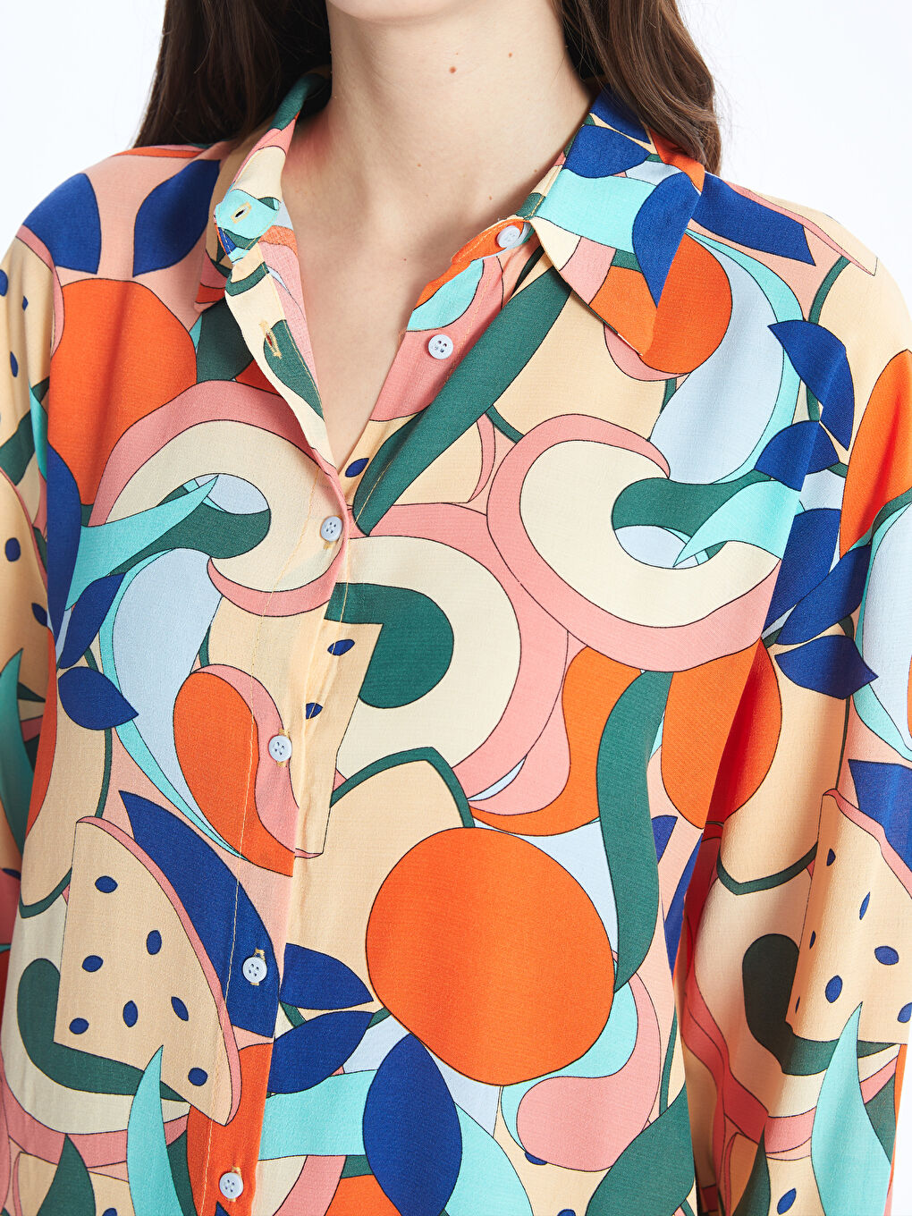 Karışık Desenli Uzun Kollu Oversize Kadın Gömlek Tunik-3