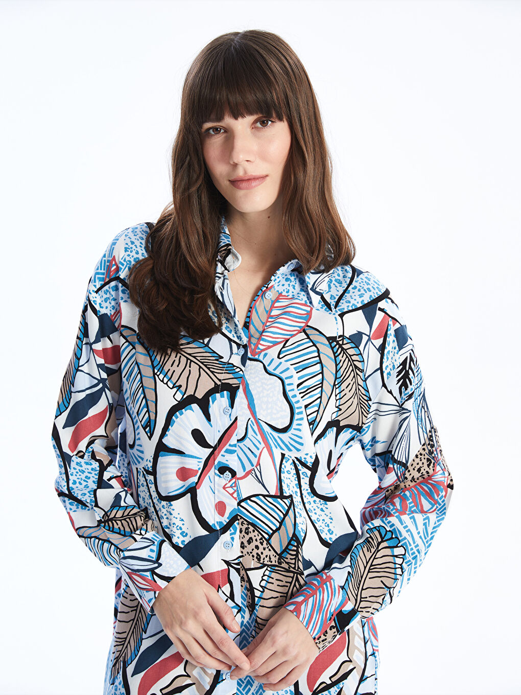 Karışık Desenli Uzun Kollu Oversize Kadın Gömlek Tunik-1