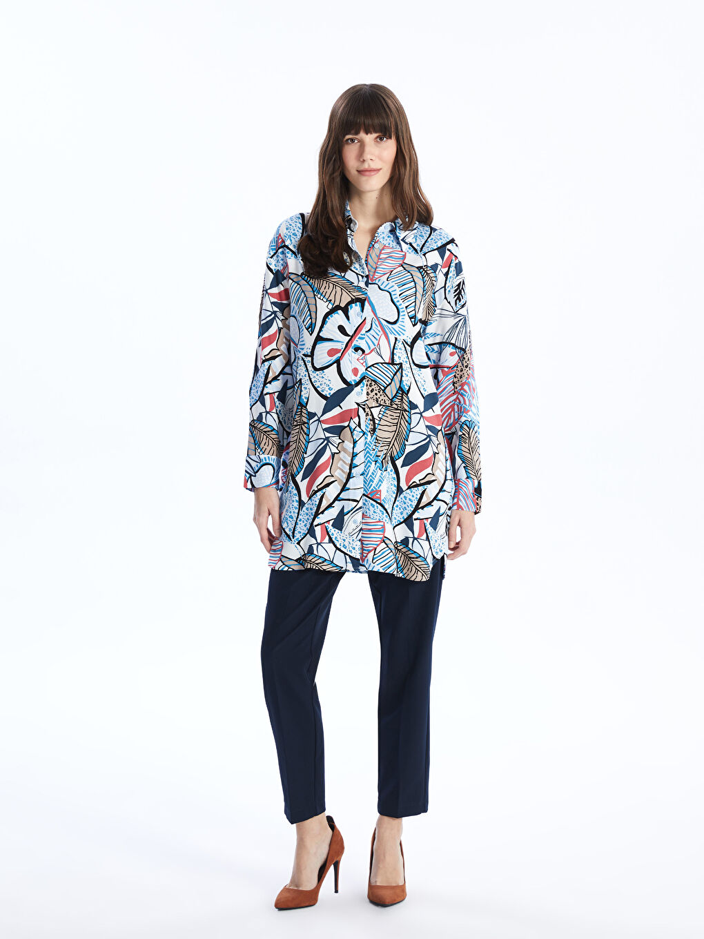 Karışık Desenli Uzun Kollu Oversize Kadın Gömlek Tunik-2