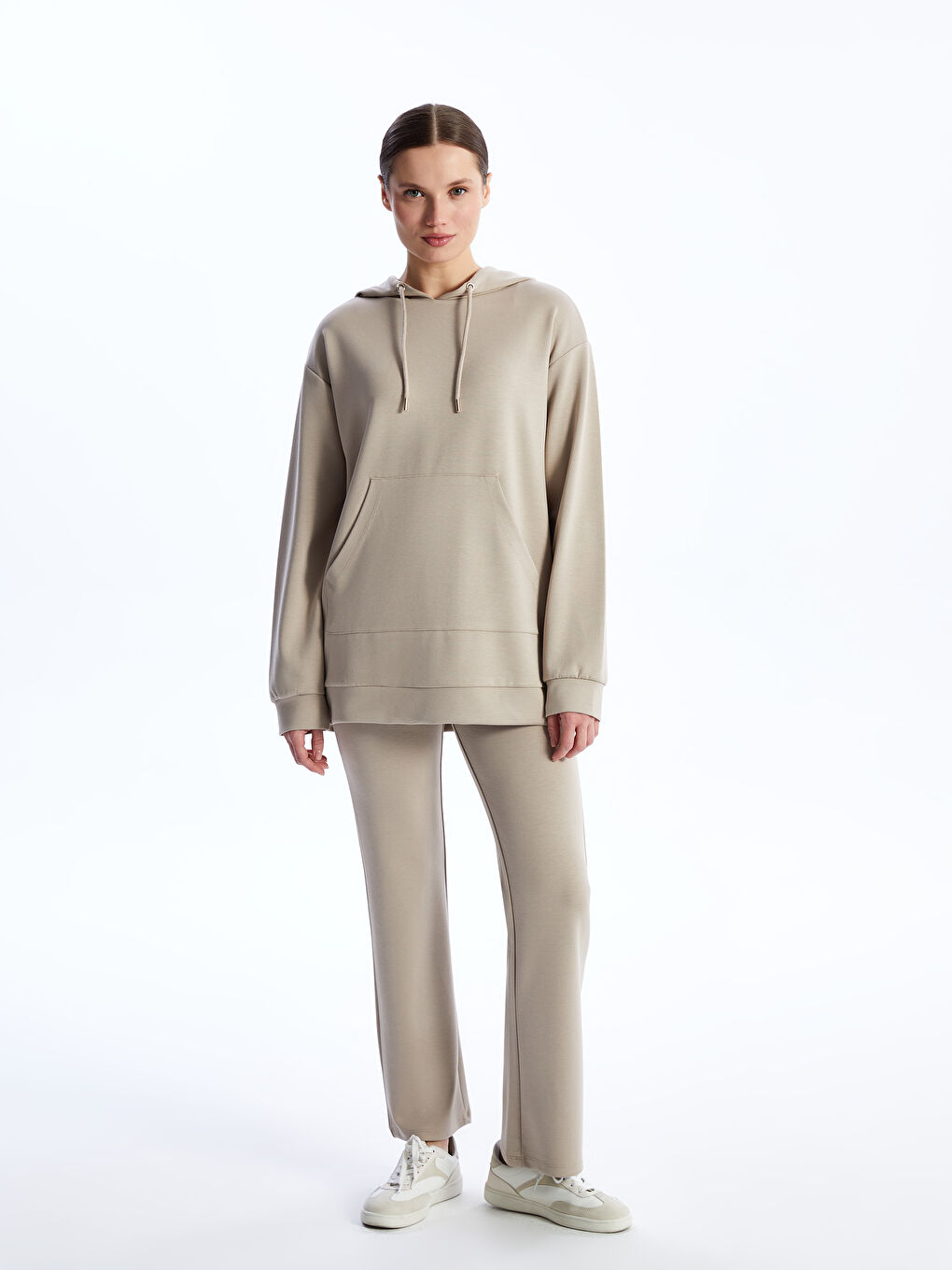 Bej Kadın Beli Lastikli Düz Eşofman Altı-1