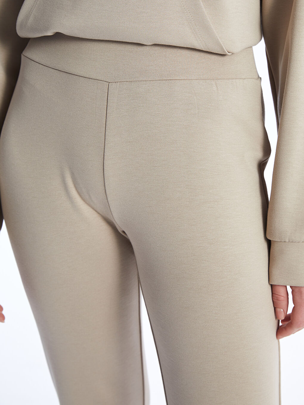 Bej Kadın Beli Lastikli Düz Eşofman Altı-4