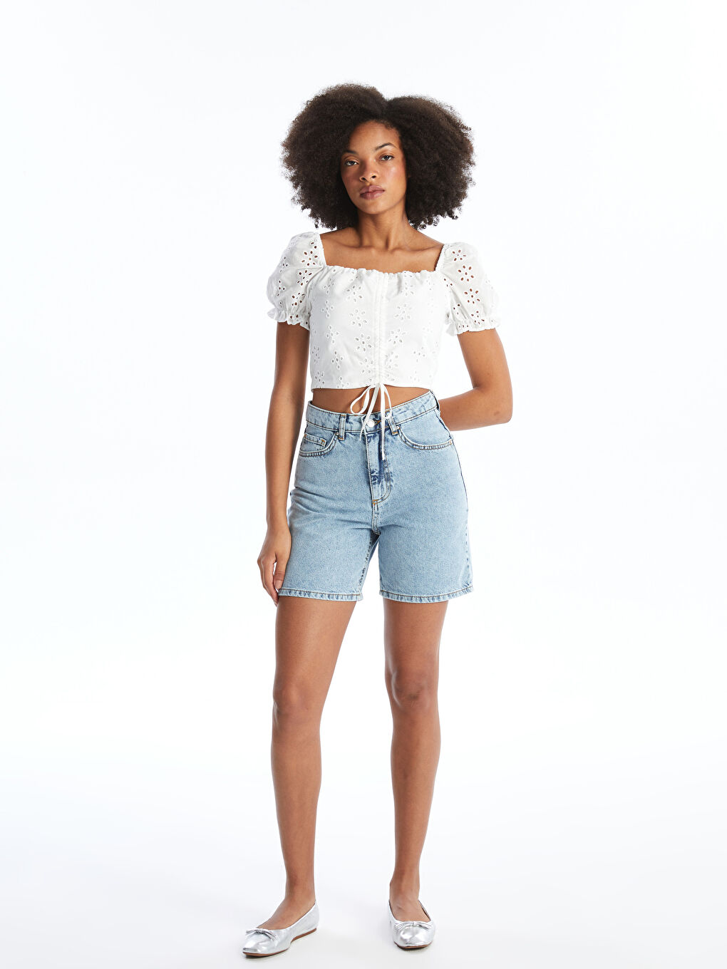 Square Neck Self-Patterned Short Sleeve Women's Crop -S4ID31Z8-Q6K
