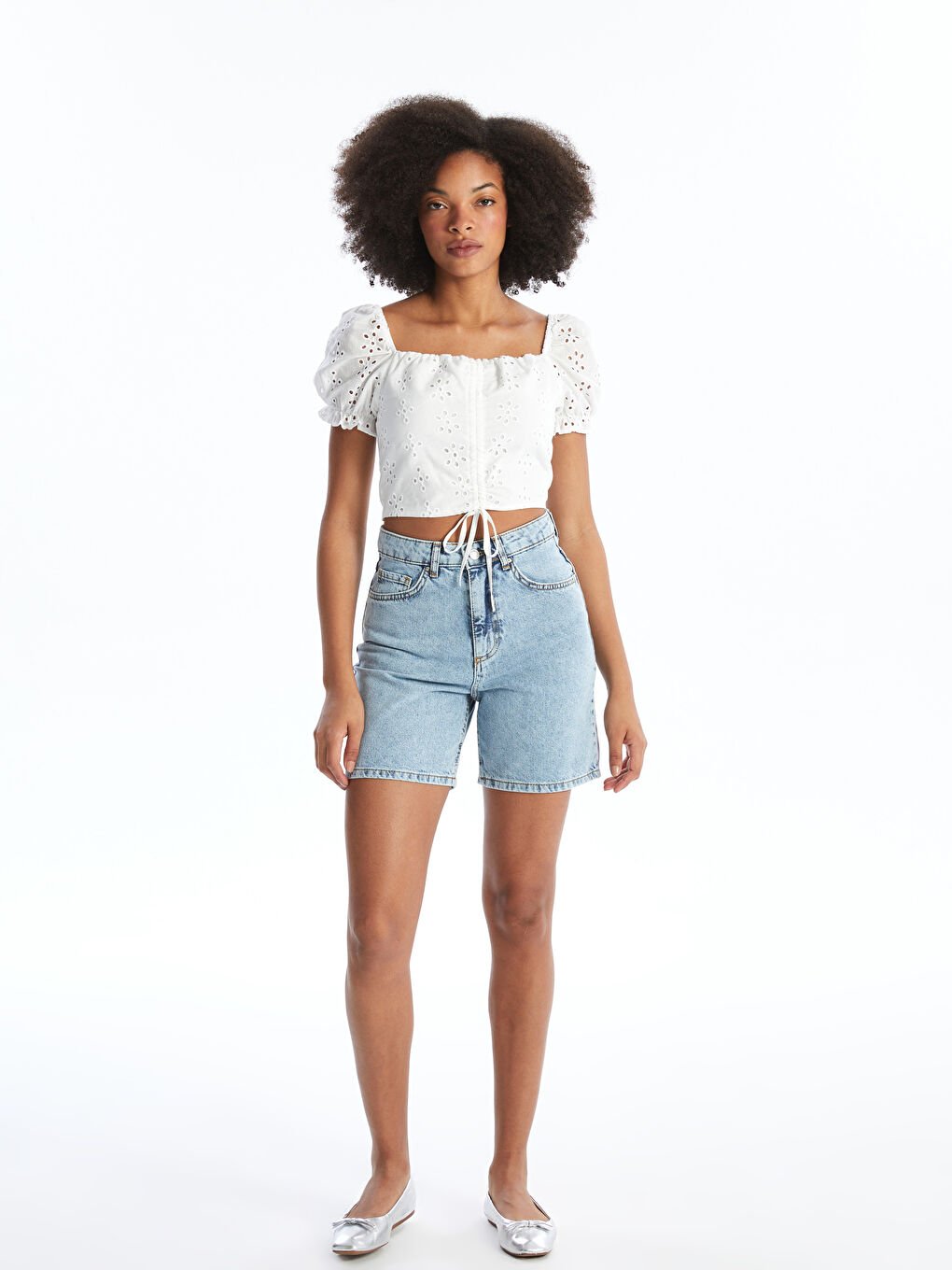 Square Neck Self-Patterned Short Sleeve Women's Crop -S4ID31Z8-Q6K