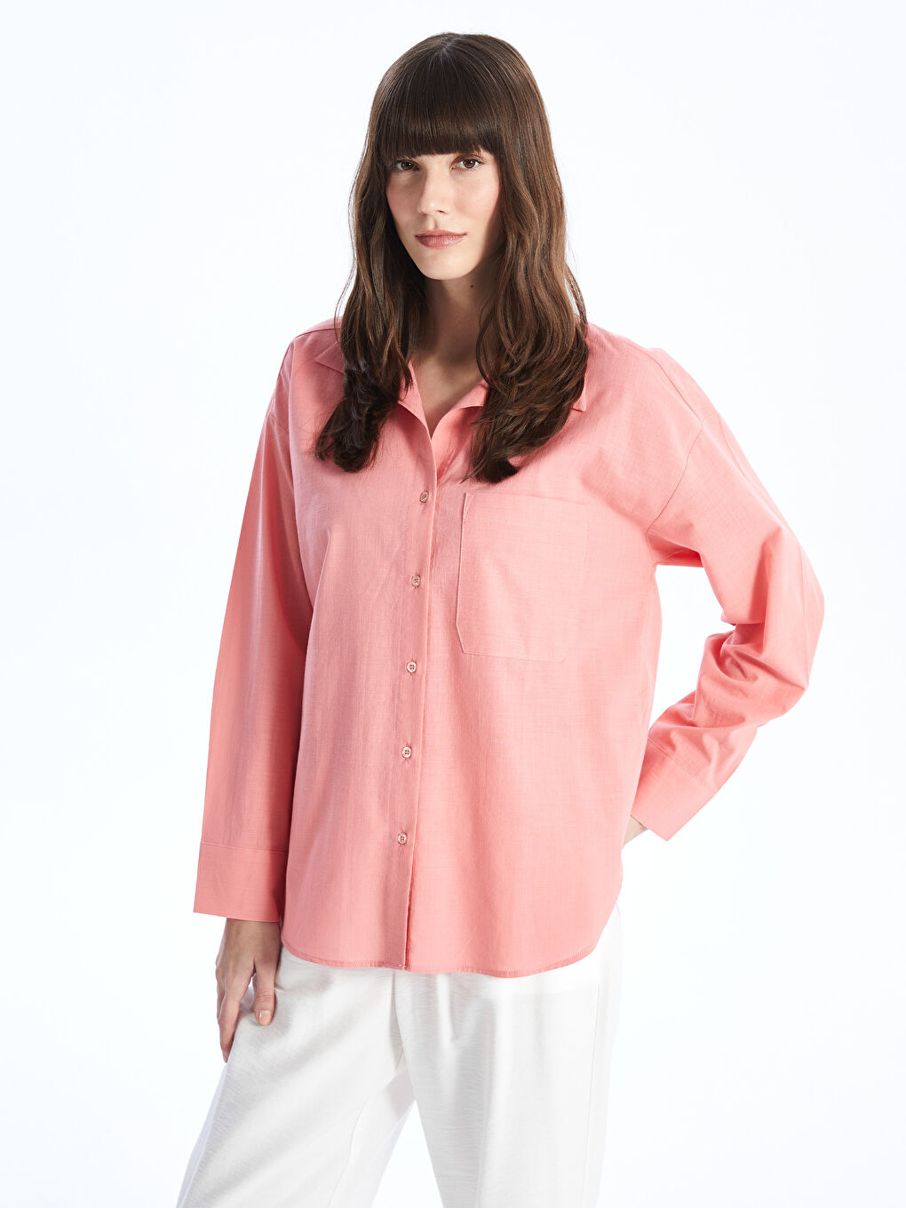 Pembe Düz Uzun Kollu Oversize Kadın Gömlek