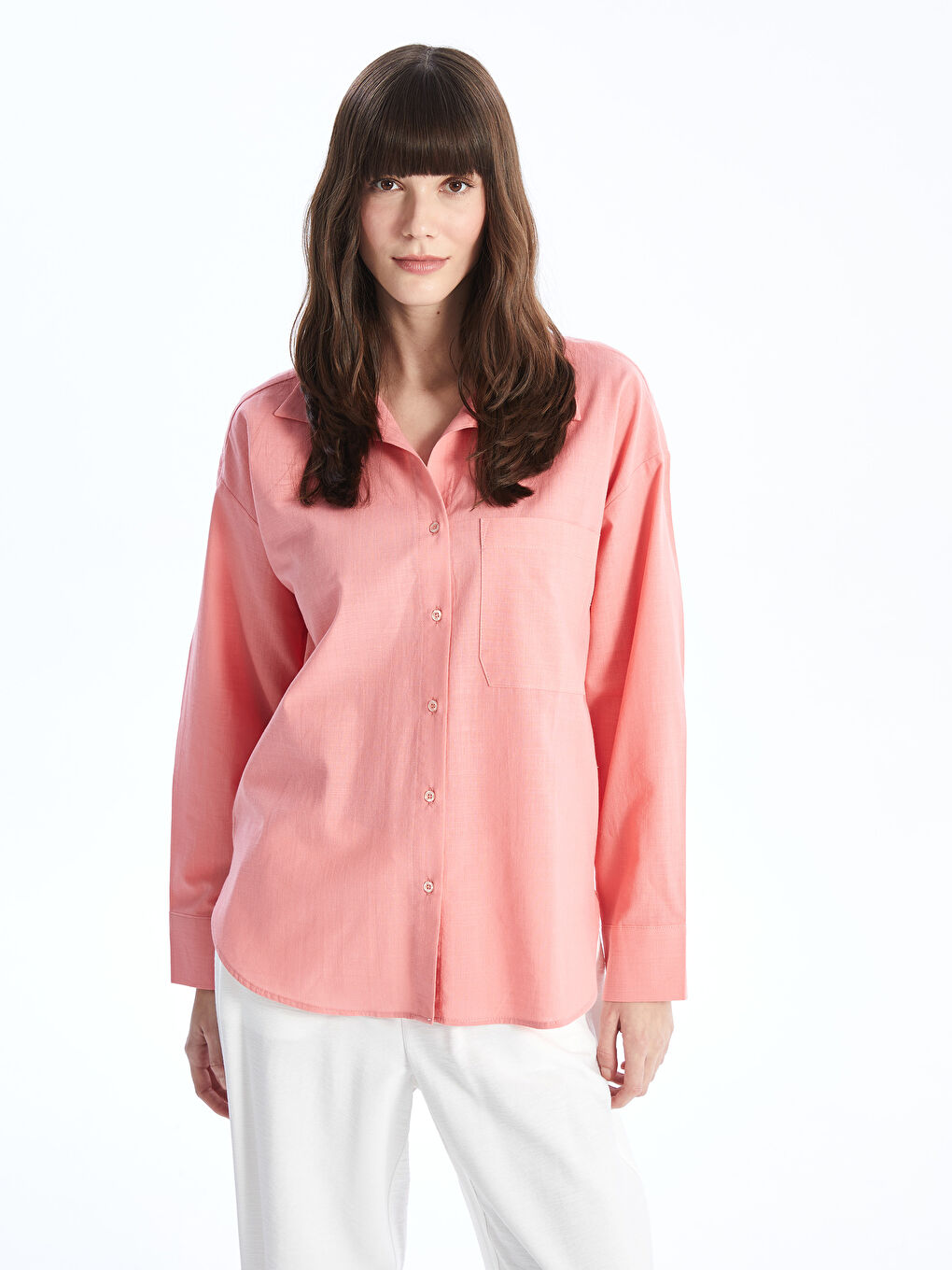 Pembe Düz Uzun Kollu Oversize Kadın Gömlek-1