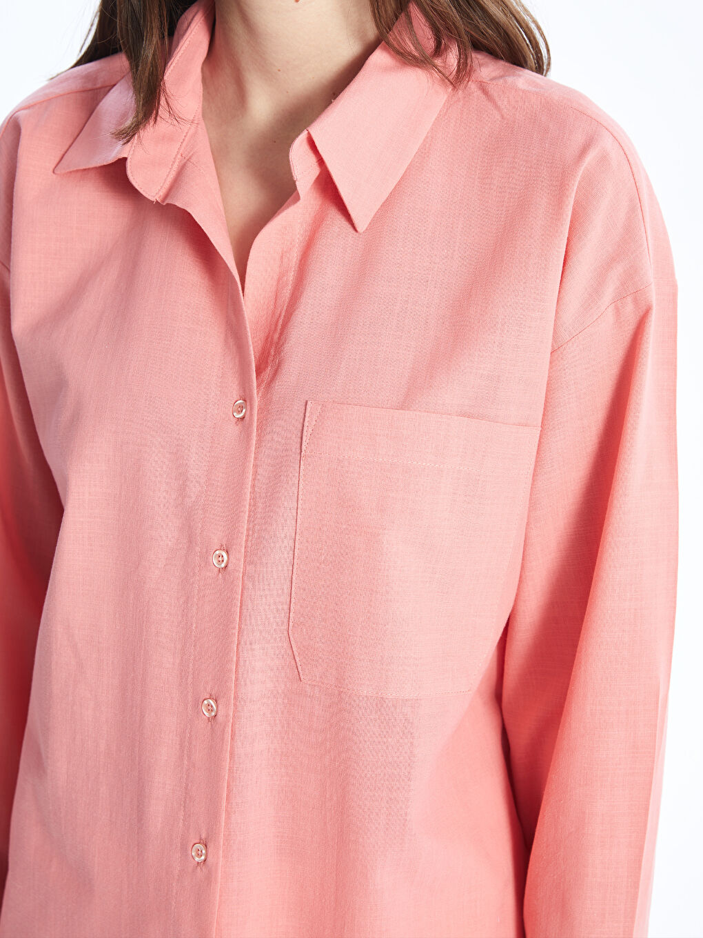 Pembe Düz Uzun Kollu Oversize Kadın Gömlek-3