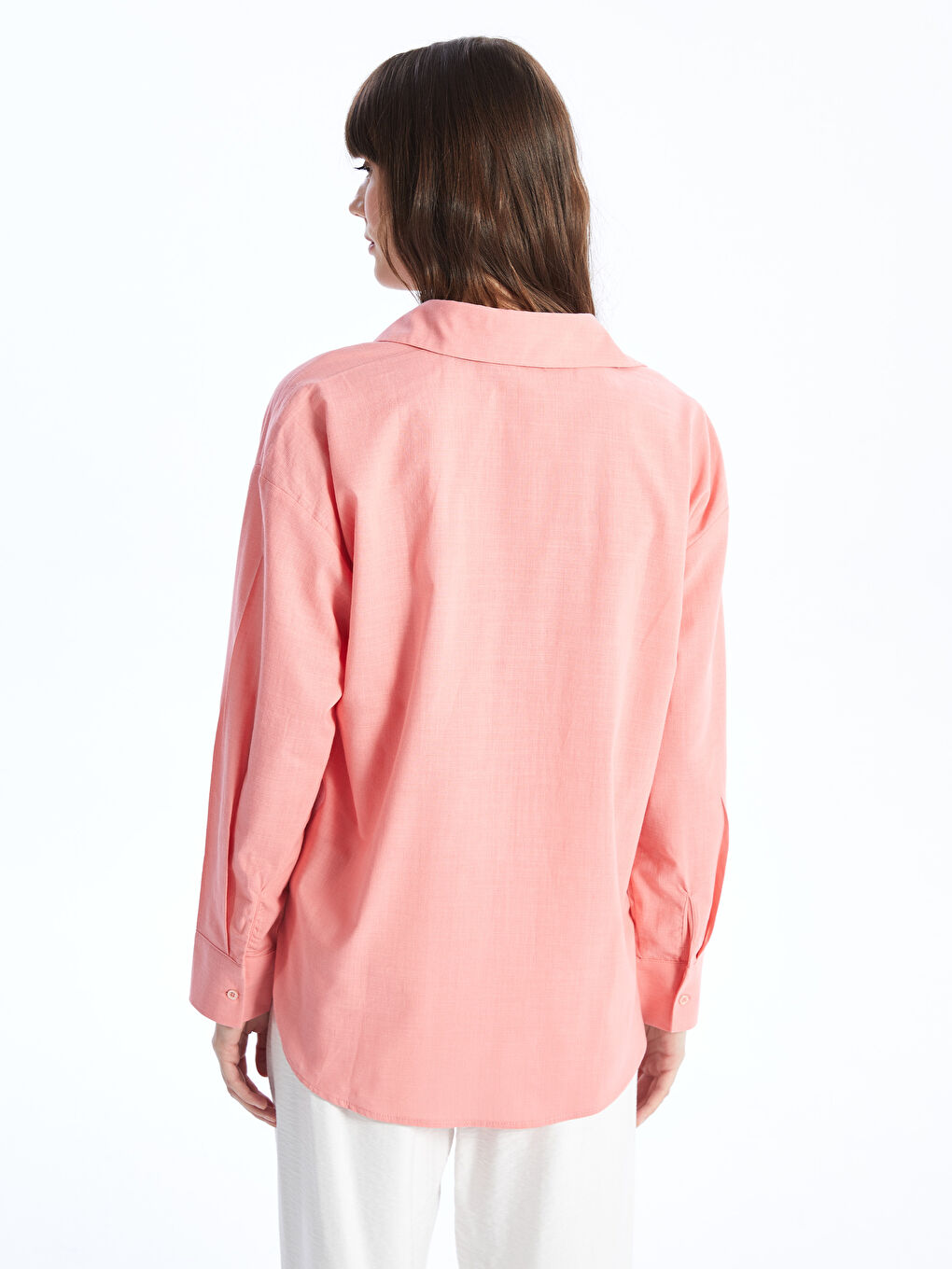 Pembe Düz Uzun Kollu Oversize Kadın Gömlek-4