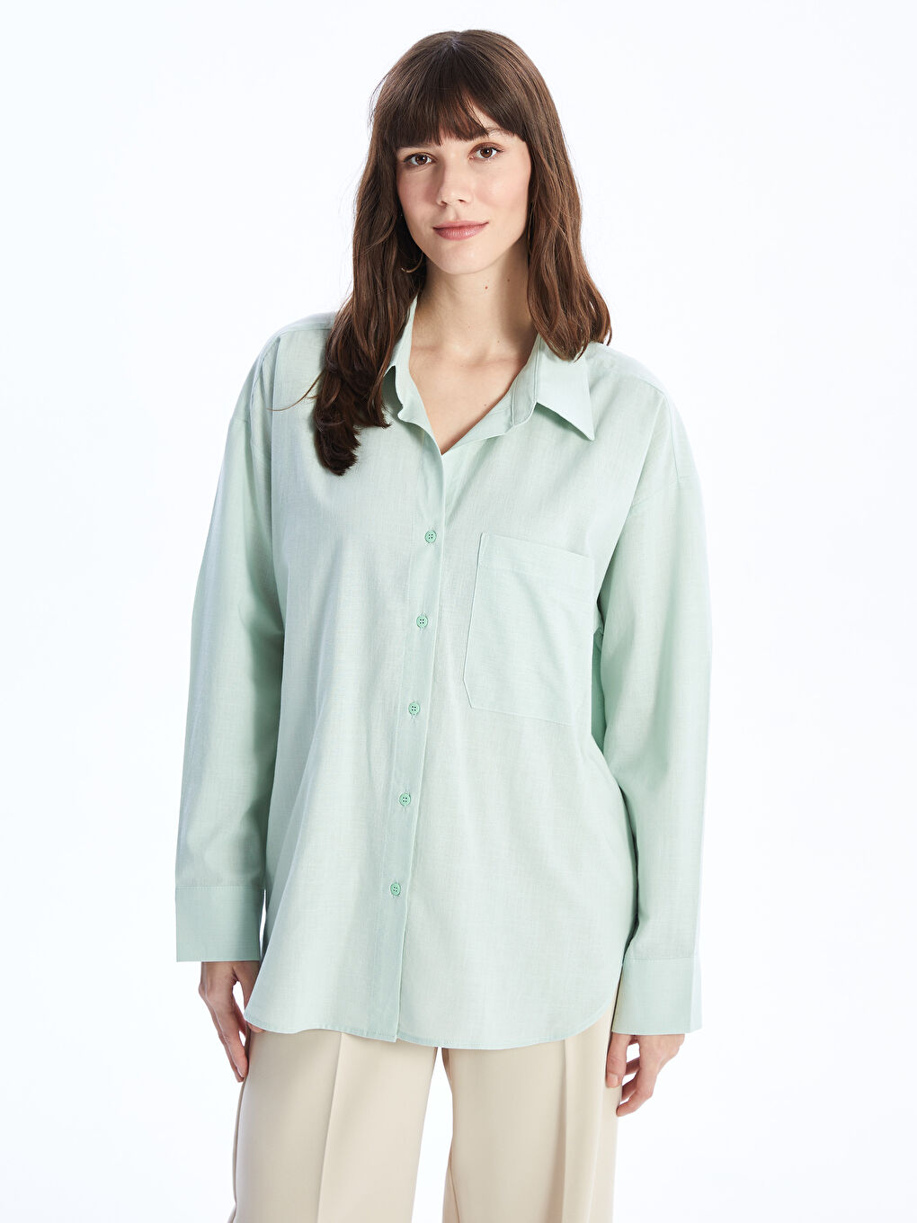 Yeşil Düz Uzun Kollu Oversize Kadın Gömlek