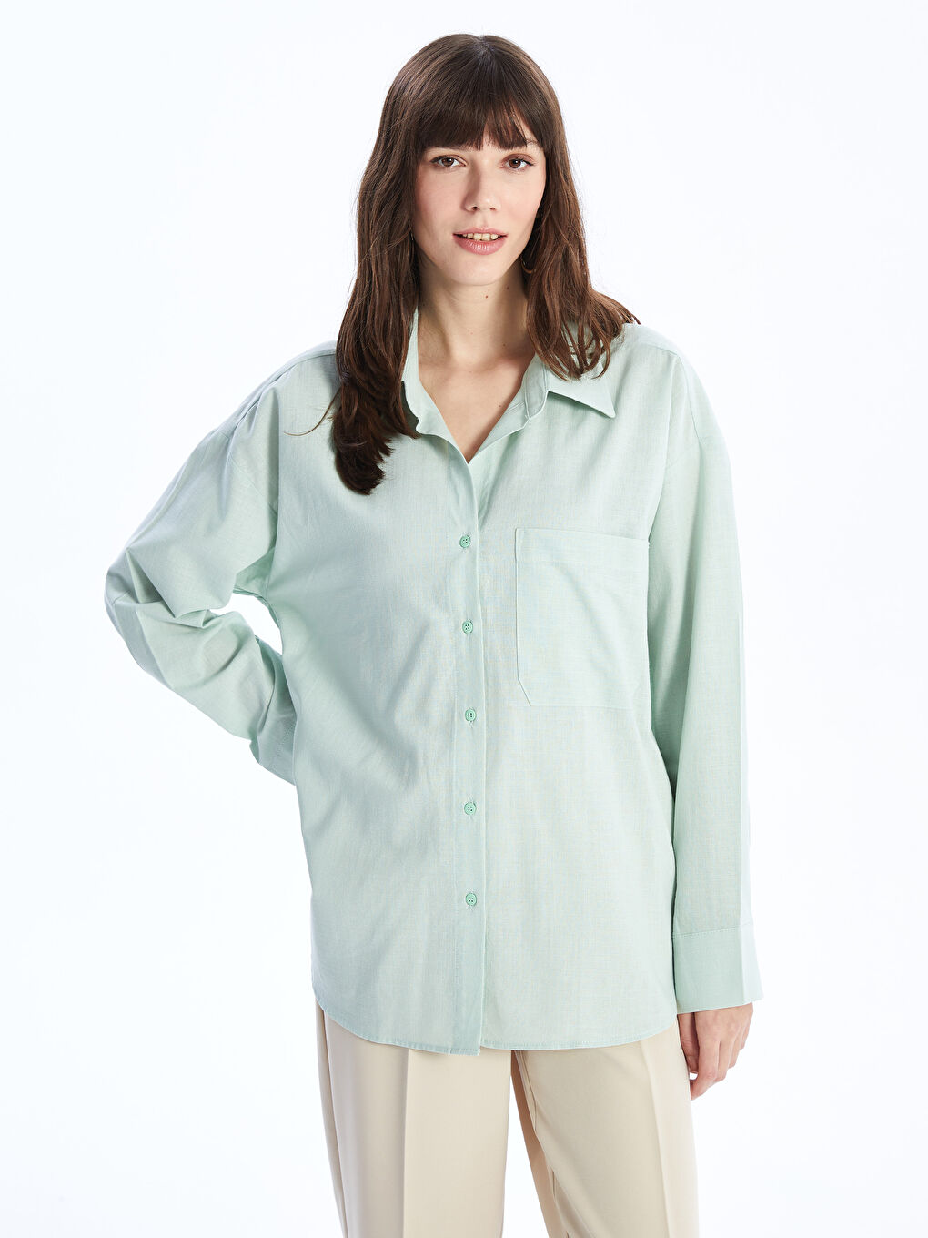 Yeşil Düz Uzun Kollu Oversize Kadın Gömlek-1