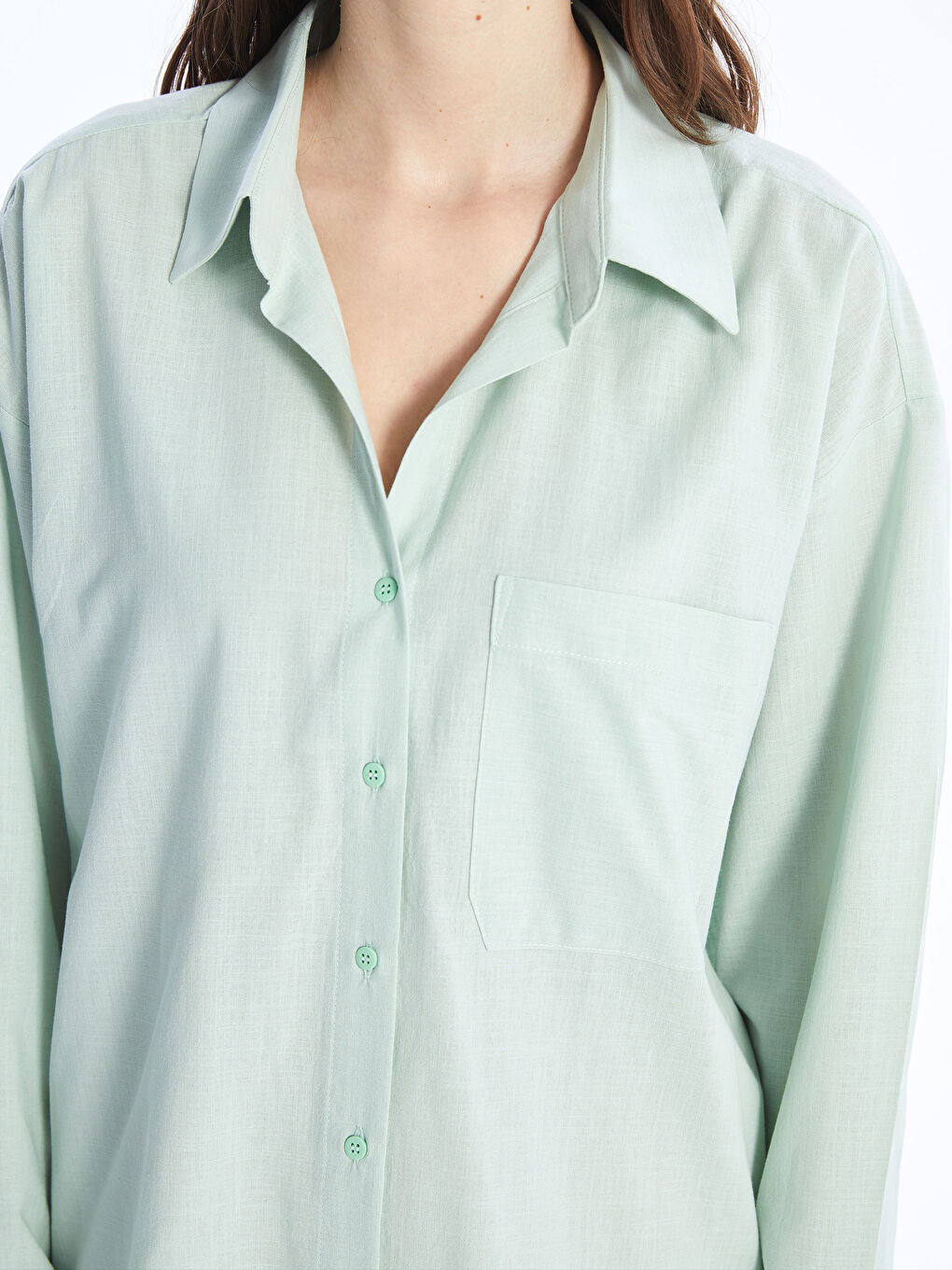 Yeşil Düz Uzun Kollu Oversize Kadın Gömlek-3